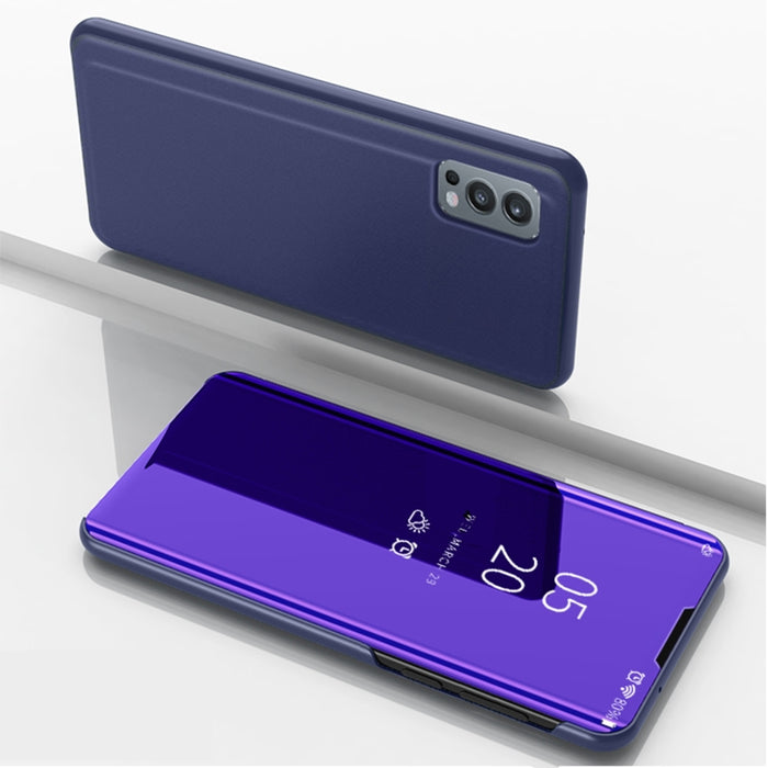 Estuche de cuero con tapa horizontal de espejo chapado con soporte