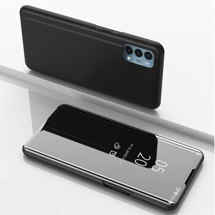 Estuche de cuero con tapa horizontal de espejo chapado con soporte