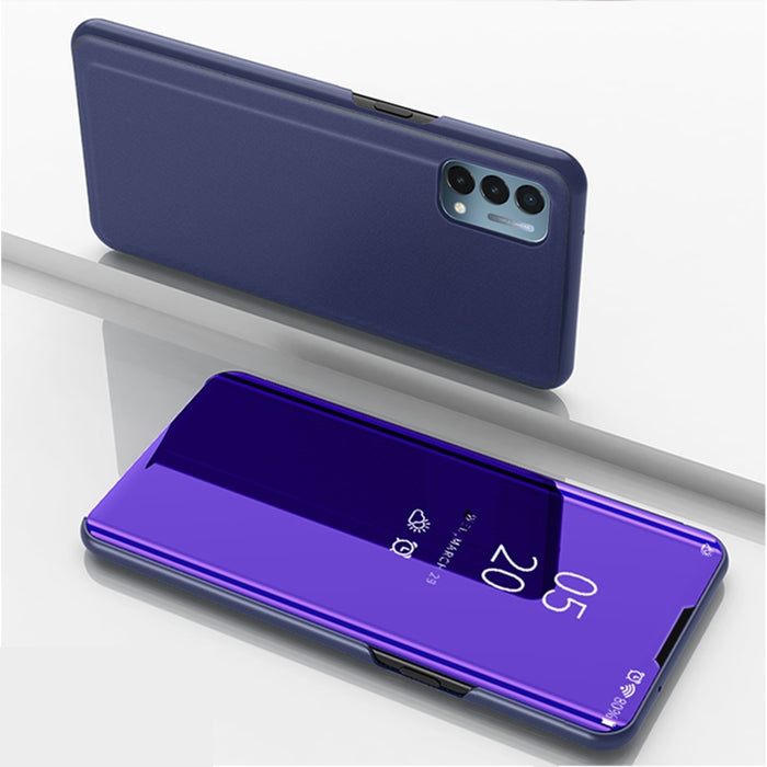 Estuche de cuero con tapa horizontal de espejo chapado con soporte