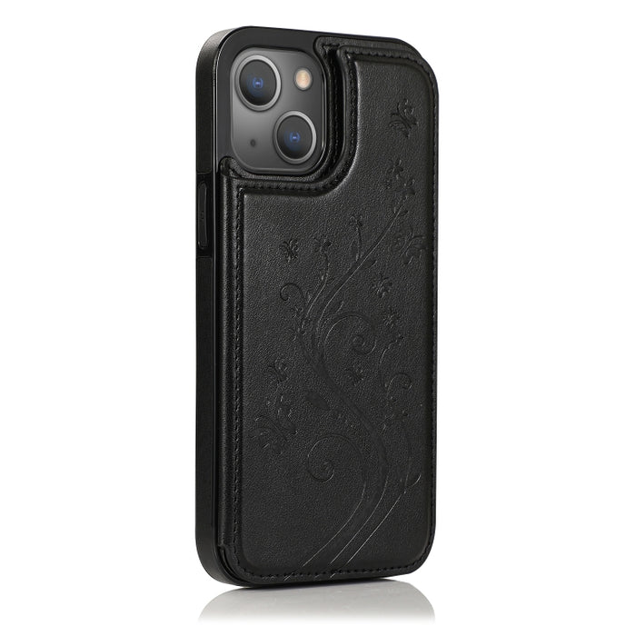 Mariposas flores doble hebilla PU + TPU funda protectora con soporte y ranuras para tarjetas y marco de fotos