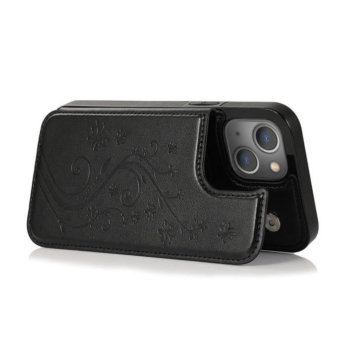 Mariposas flores doble hebilla PU + TPU funda protectora con soporte y ranuras para tarjetas y marco de fotos