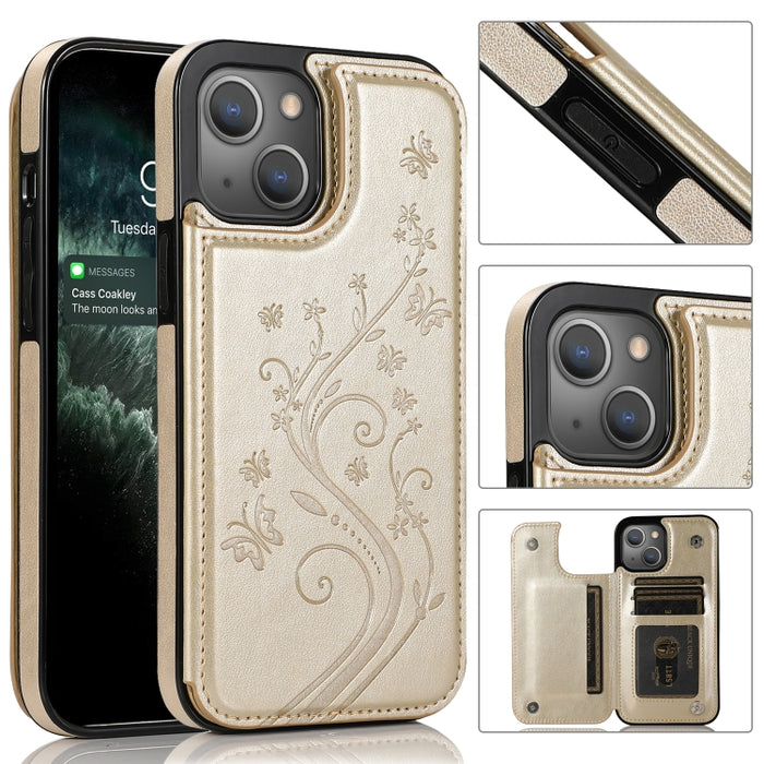 Mariposas flores doble hebilla PU + TPU funda protectora con soporte y ranuras para tarjetas y marco de fotos