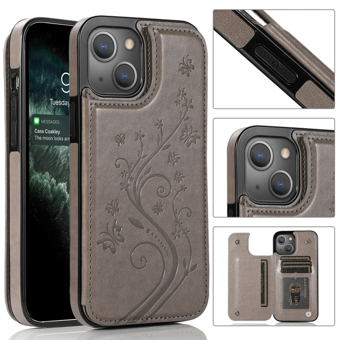 Mariposas flores doble hebilla PU + TPU funda protectora con soporte y ranuras para tarjetas y marco de fotos