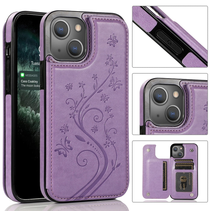 Mariposas flores doble hebilla PU + TPU funda protectora con soporte y ranuras para tarjetas y marco de fotos
