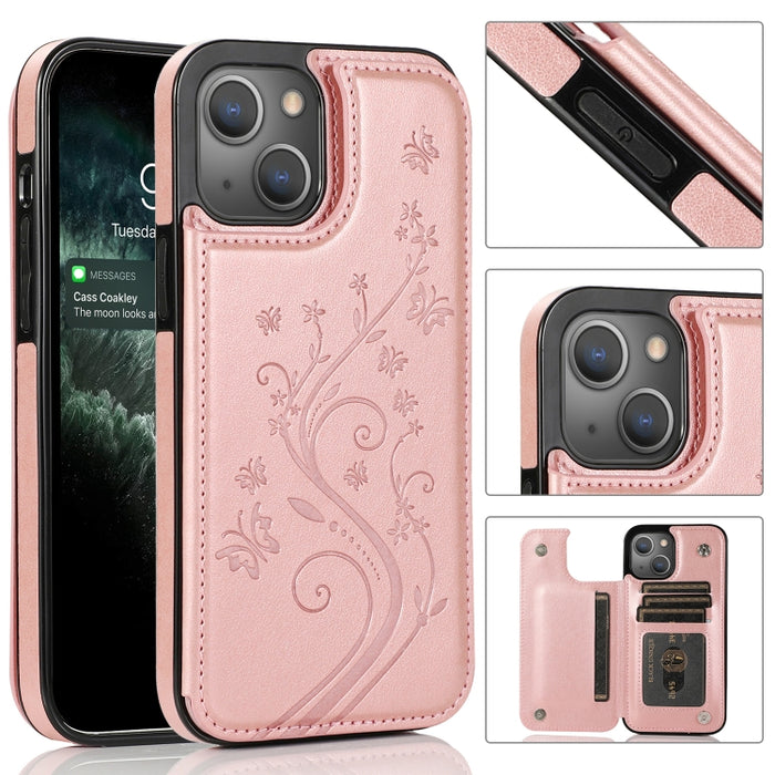 Mariposas flores doble hebilla PU + TPU funda protectora con soporte y ranuras para tarjetas y marco de fotos