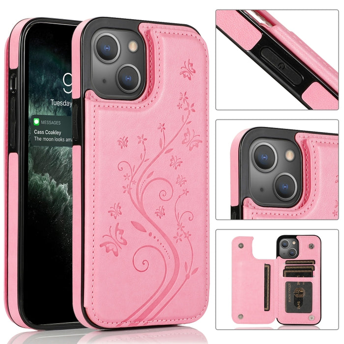 Mariposas flores doble hebilla PU + TPU funda protectora con soporte y ranuras para tarjetas y marco de fotos