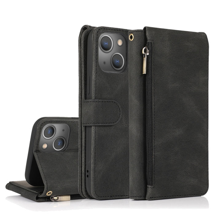 Funda de cuero con cremallera con textura de caballo loco con textura de piel, funda de cuero con tapa horizontal con soporte y ranuras para tarjetas, billetera y cordón