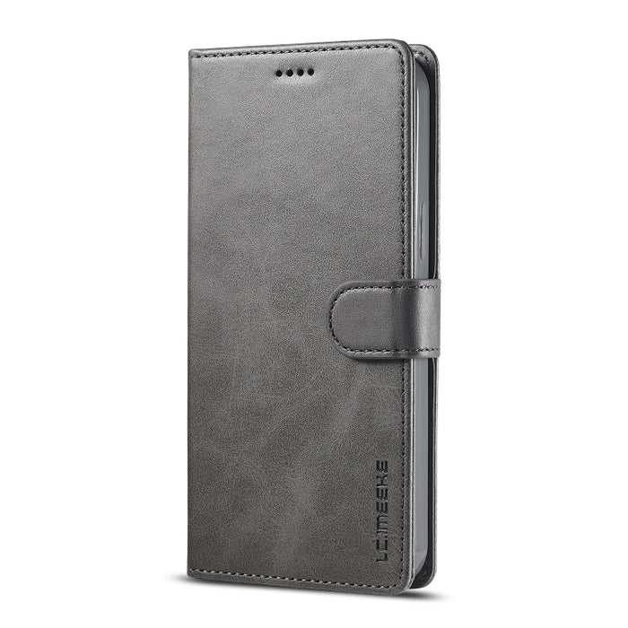 LC.IMEEKE Estuche de cuero con tapa horizontal con textura de becerro con soporte y ranuras para tarjetas y billetera