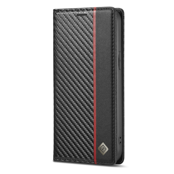 LC.IMEEKE Estuche de cuero con tapa horizontal de fibra de carbono PU + TPU con soporte, ranura para tarjeta y billetera