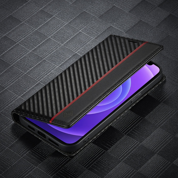 LC.IMEEKE Estuche de cuero con tapa horizontal de fibra de carbono PU + TPU con soporte, ranura para tarjeta y billetera