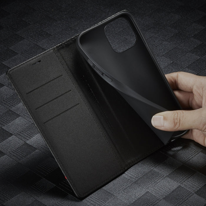 LC.IMEEKE Estuche de cuero con tapa horizontal de fibra de carbono PU + TPU con soporte, ranura para tarjeta y billetera