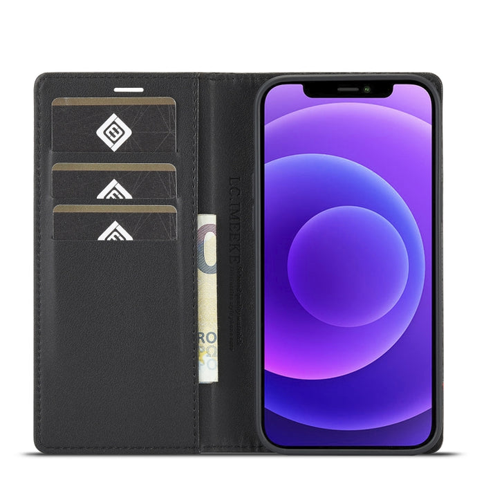LC.IMEEKE Estuche de cuero con tapa horizontal de fibra de carbono PU + TPU con soporte, ranura para tarjeta y billetera