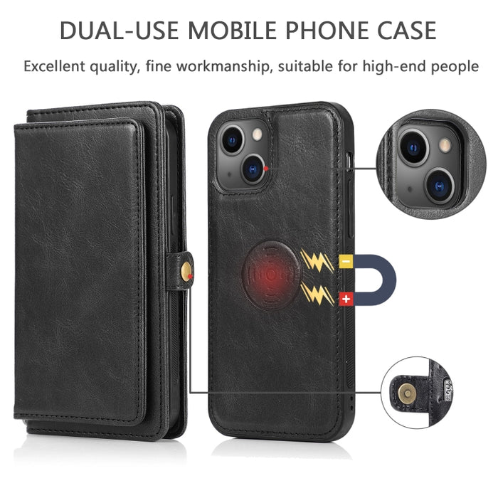 Estuche de cuero con tapa horizontal desmontable magnética fuerte con ranuras para tarjetas y billetera