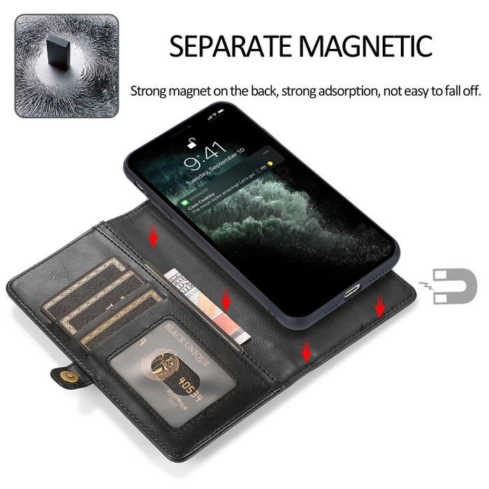Estuche de cuero con tapa horizontal desmontable magnética fuerte con ranuras para tarjetas y billetera