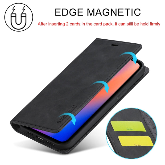 LC.IMEEKE Estuche de cuero con tapa horizontal de PU magnético fuerte + TPU mate con soporte y ranuras para tarjetas y billetera