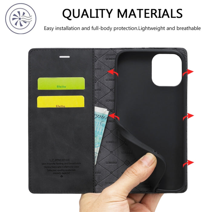 LC.IMEEKE Estuche de cuero con tapa horizontal de PU magnético fuerte + TPU mate con soporte y ranuras para tarjetas y billetera