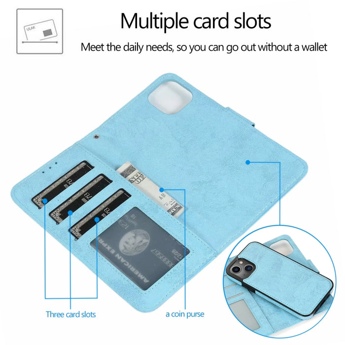 Estuche de cuero con tapa horizontal desmontable retro 2 en 1 con ranuras para tarjetas y billetera
