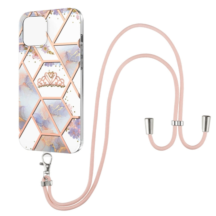 Estuche a prueba de golpes con patrón de flores de mármol de empalme de galvanoplastia TPU con cordón
