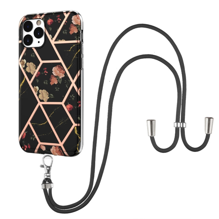 Estuche a prueba de golpes con patrón de flores de mármol de empalme de galvanoplastia TPU con cordón