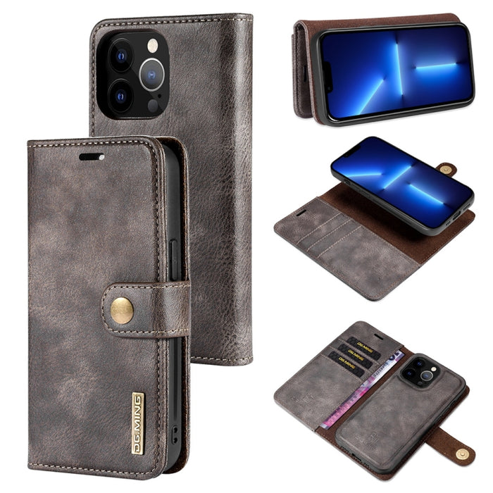 DG.MING Crazy Horse Texture Flip Estuche de cuero magnético desmontable con soporte y ranuras para tarjetas y billetera