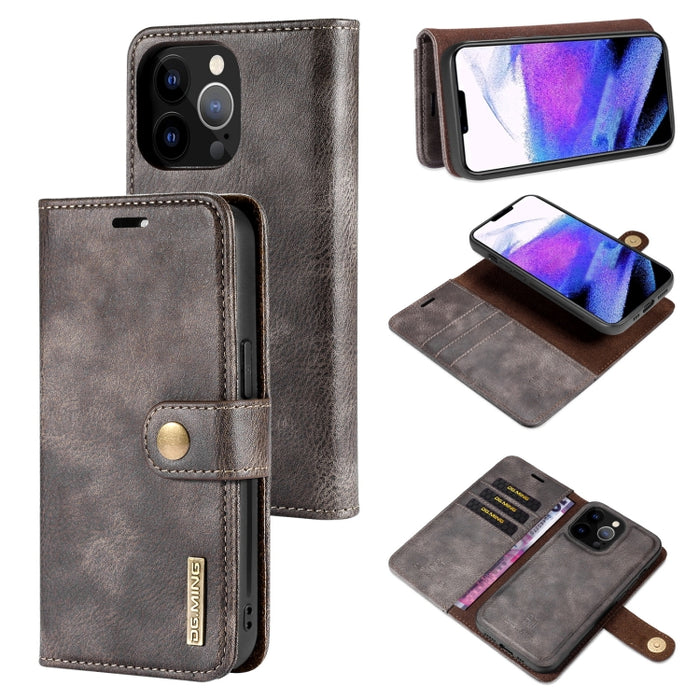 DG.MING Crazy Horse Texture Flip Estuche de cuero magnético desmontable con soporte y ranuras para tarjetas y billetera