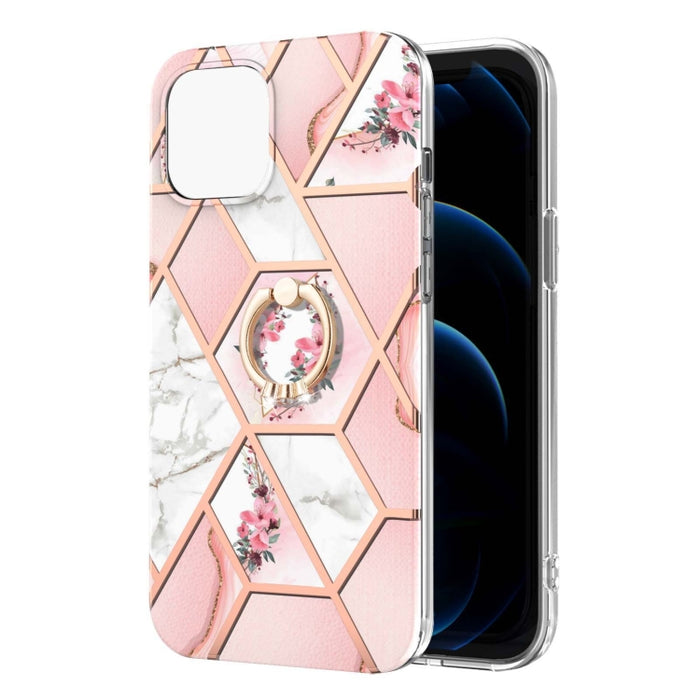 Estuche a prueba de golpes TPU con estampado de flores de mármol y empalme de galvanoplastia con soporte para anillo de diamantes de imitación
