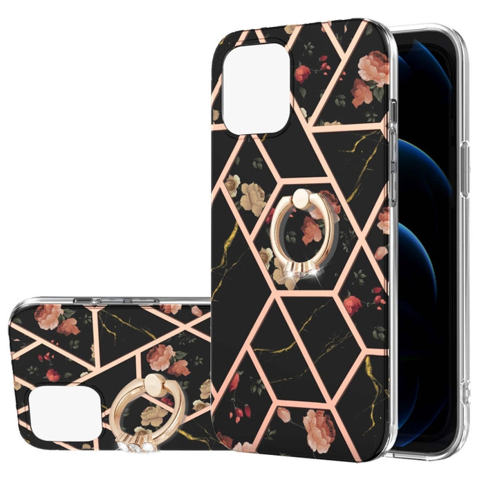 Estuche a prueba de golpes TPU con estampado de flores de mármol y empalme de galvanoplastia con soporte para anillo de diamantes de imitación