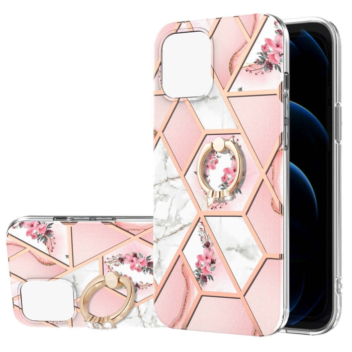 Estuche a prueba de golpes TPU con estampado de flores de mármol y empalme de galvanoplastia con soporte para anillo de diamantes de imitación