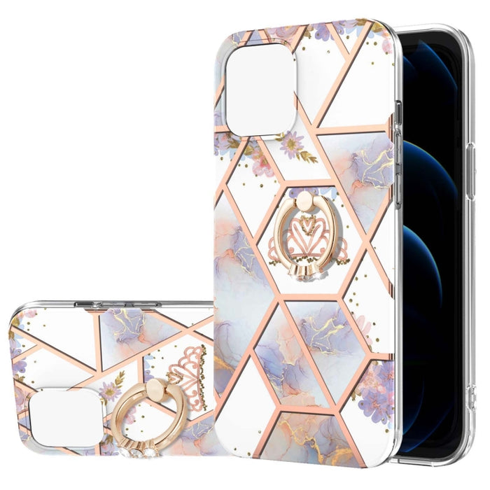 Estuche a prueba de golpes TPU con estampado de flores de mármol y empalme de galvanoplastia con soporte para anillo de diamantes de imitación