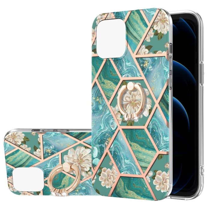 Estuche a prueba de golpes TPU con estampado de flores de mármol y empalme de galvanoplastia con soporte para anillo de diamantes de imitación