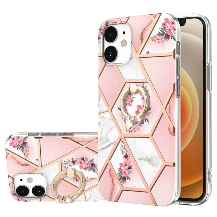 Estuche a prueba de golpes TPU con estampado de flores de mármol y empalme de galvanoplastia con soporte para anillo de diamantes de imitación