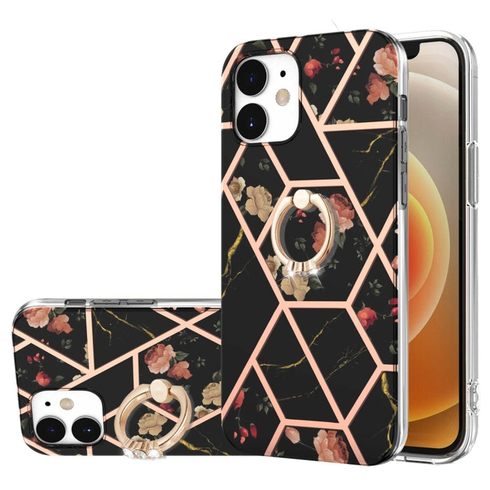Estuche a prueba de golpes TPU con estampado de flores de mármol y empalme de galvanoplastia con soporte para anillo de diamantes de imitación