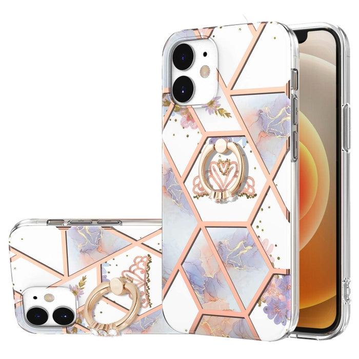 Estuche a prueba de golpes TPU con estampado de flores de mármol y empalme de galvanoplastia con soporte para anillo de diamantes de imitación