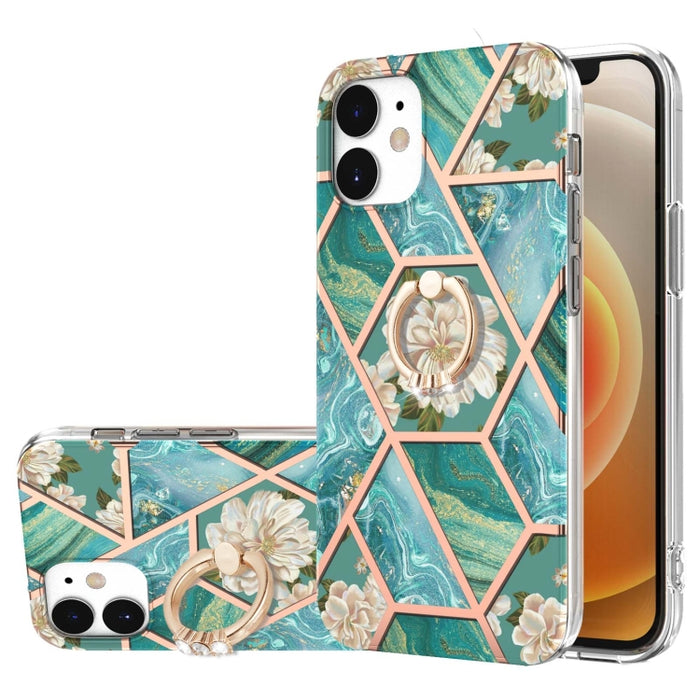 Estuche a prueba de golpes TPU con estampado de flores de mármol y empalme de galvanoplastia con soporte para anillo de diamantes de imitación
