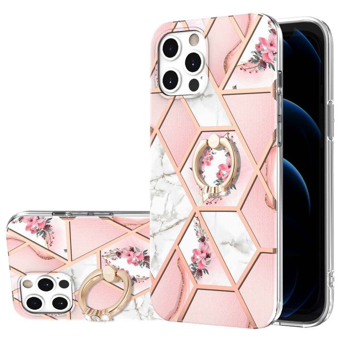 Estuche a prueba de golpes TPU con estampado de flores de mármol y empalme de galvanoplastia con soporte para anillo de diamantes de imitación