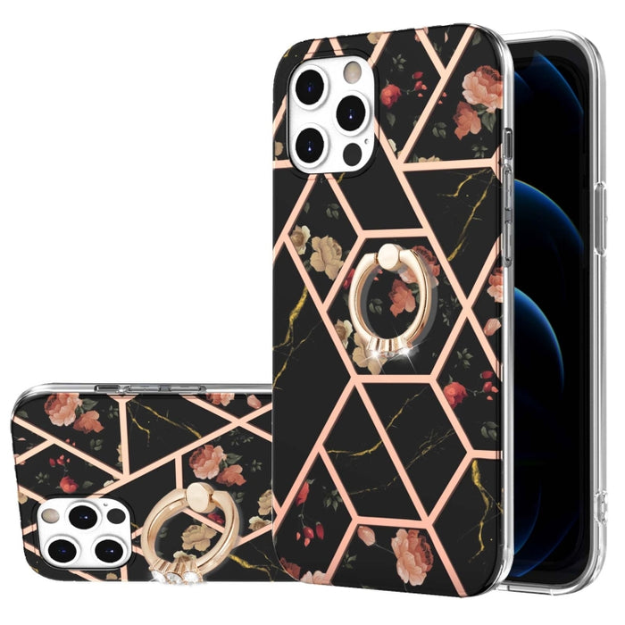 Estuche a prueba de golpes TPU con estampado de flores de mármol y empalme de galvanoplastia con soporte para anillo de diamantes de imitación