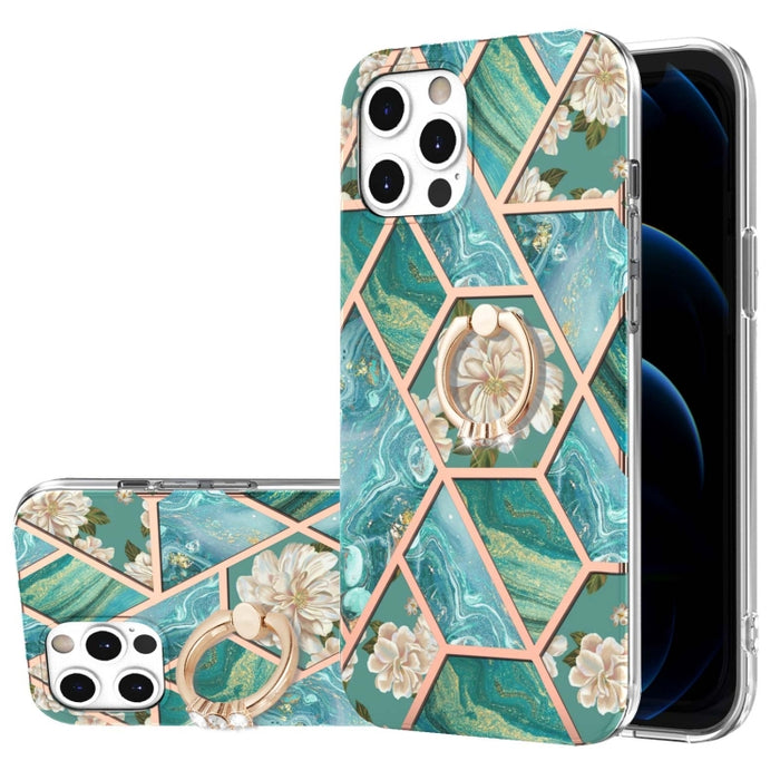 Estuche a prueba de golpes TPU con estampado de flores de mármol y empalme de galvanoplastia con soporte para anillo de diamantes de imitación