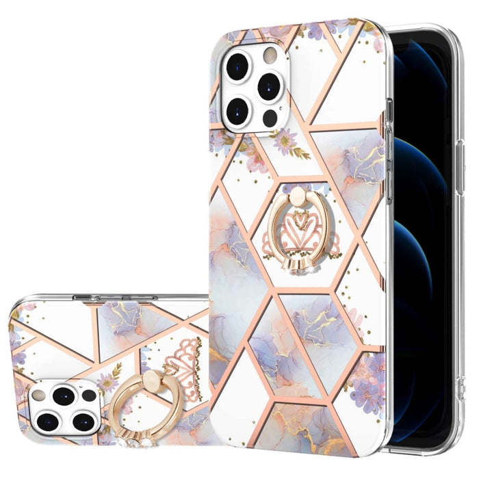 Estuche a prueba de golpes TPU con estampado de flores de mármol y empalme de galvanoplastia con soporte para anillo de diamantes de imitación