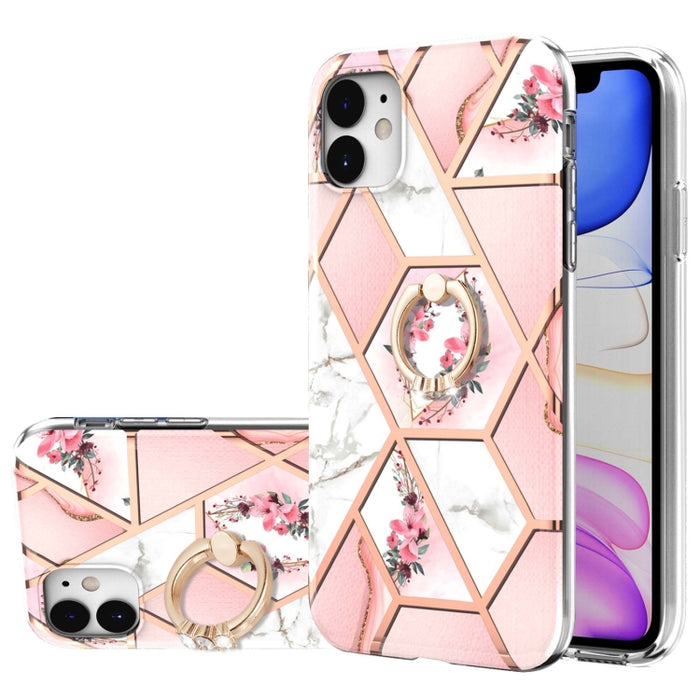 Estuche a prueba de golpes TPU con estampado de flores de mármol y empalme de galvanoplastia con soporte para anillo de diamantes de imitación
