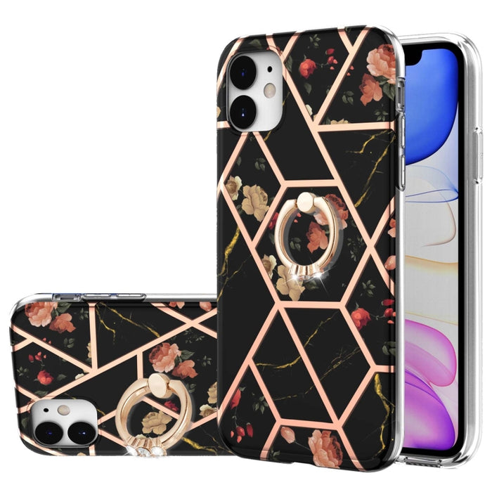 Estuche a prueba de golpes TPU con estampado de flores de mármol y empalme de galvanoplastia con soporte para anillo de diamantes de imitación
