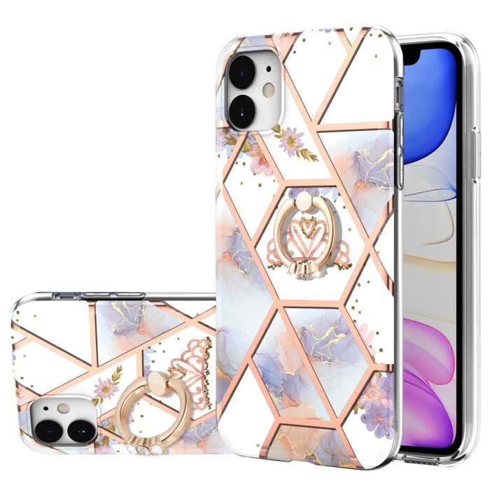 Estuche a prueba de golpes TPU con estampado de flores de mármol y empalme de galvanoplastia con soporte para anillo de diamantes de imitación
