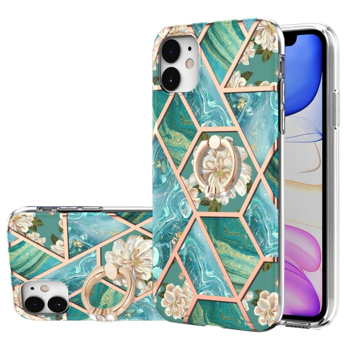 Estuche a prueba de golpes TPU con estampado de flores de mármol y empalme de galvanoplastia con soporte para anillo de diamantes de imitación