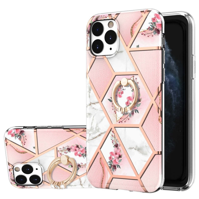 Estuche a prueba de golpes TPU con estampado de flores de mármol y empalme de galvanoplastia con soporte para anillo de diamantes de imitación