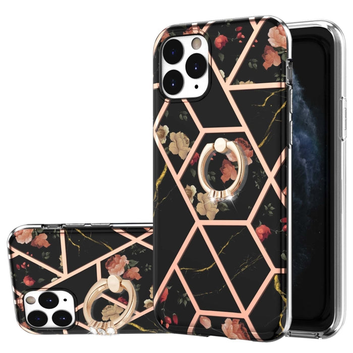 Estuche a prueba de golpes TPU con estampado de flores de mármol y empalme de galvanoplastia con soporte para anillo de diamantes de imitación