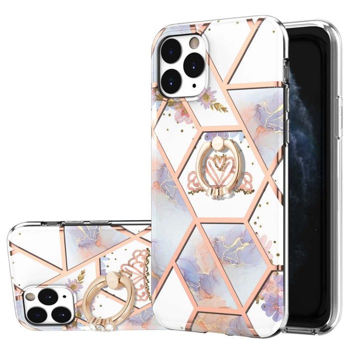 Estuche a prueba de golpes TPU con estampado de flores de mármol y empalme de galvanoplastia con soporte para anillo de diamantes de imitación