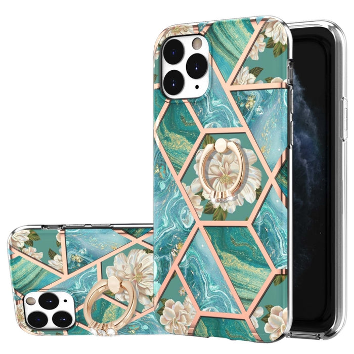 Estuche a prueba de golpes TPU con estampado de flores de mármol y empalme de galvanoplastia con soporte para anillo de diamantes de imitación