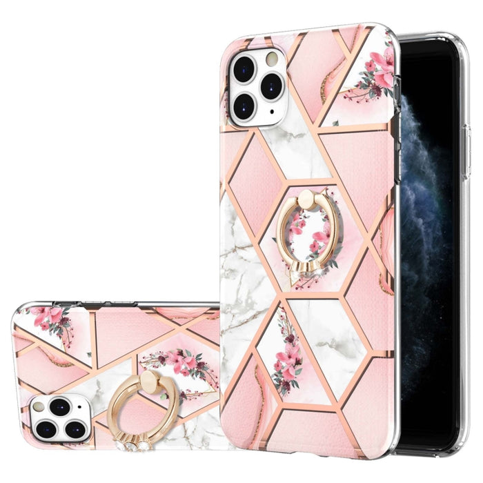 Estuche a prueba de golpes TPU con estampado de flores de mármol y empalme de galvanoplastia con soporte para anillo de diamantes de imitación