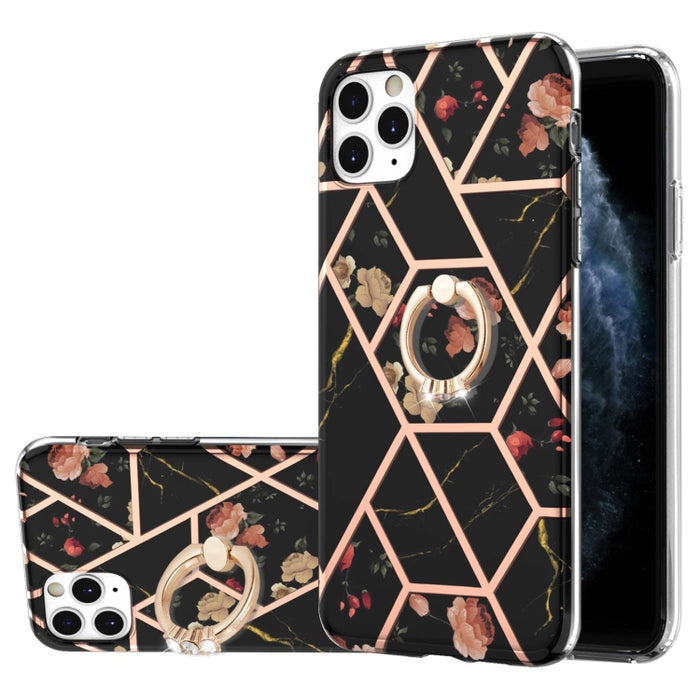Estuche a prueba de golpes TPU con estampado de flores de mármol y empalme de galvanoplastia con soporte para anillo de diamantes de imitación