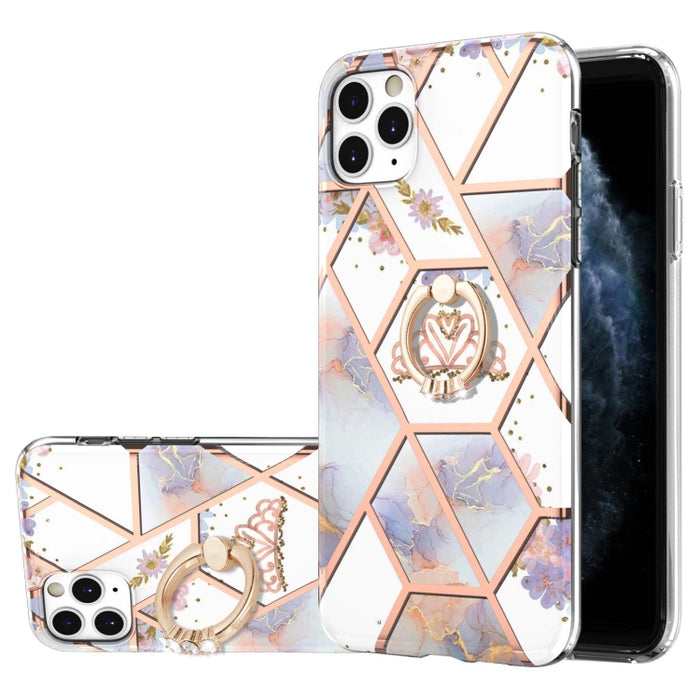 Estuche a prueba de golpes TPU con estampado de flores de mármol y empalme de galvanoplastia con soporte para anillo de diamantes de imitación