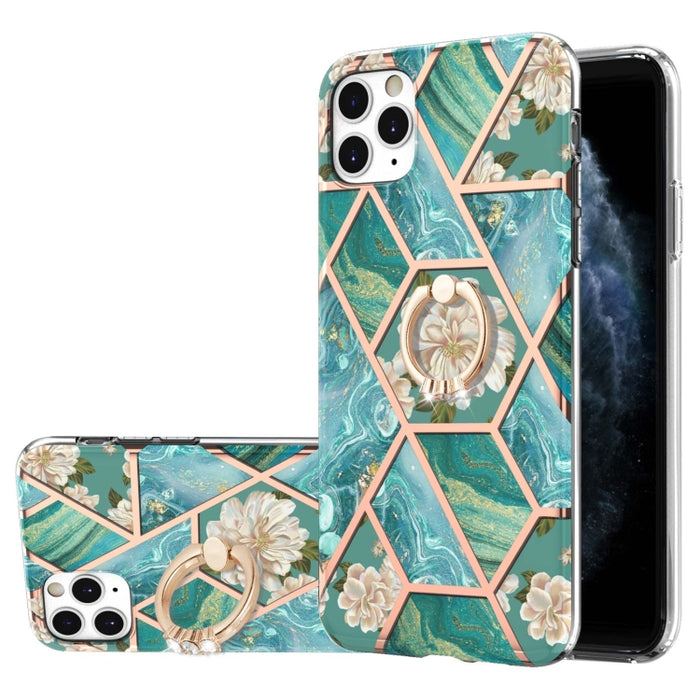 Estuche a prueba de golpes TPU con estampado de flores de mármol y empalme de galvanoplastia con soporte para anillo de diamantes de imitación